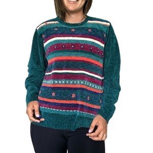 Vintage 90s Alfred Dunner Multicolored Velour Striped Knit Sweater Size XL Green